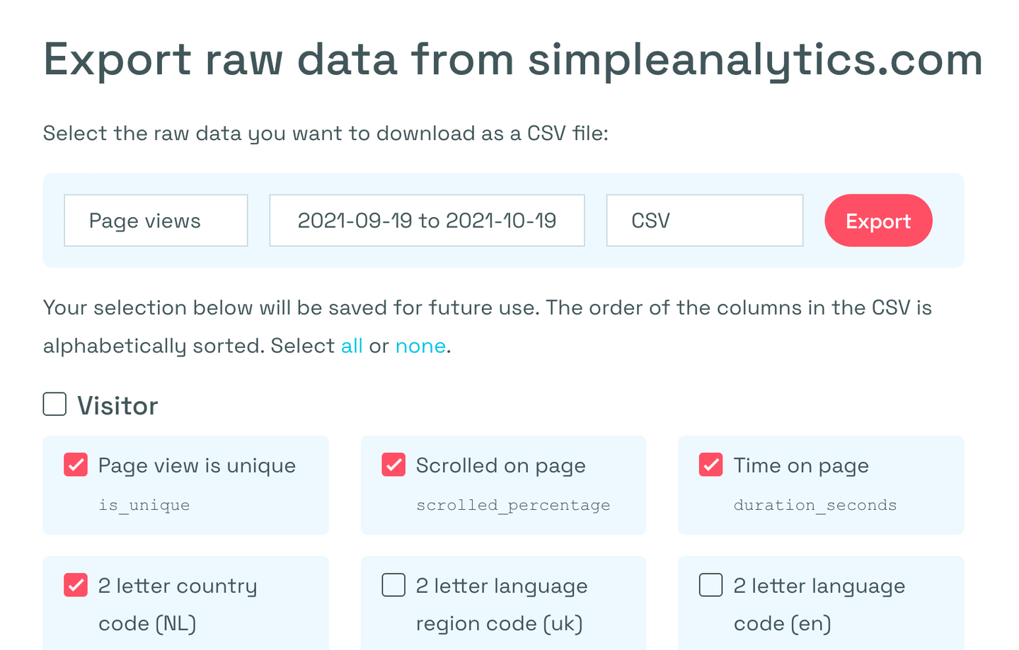 Simple Analytics export your data dashboard