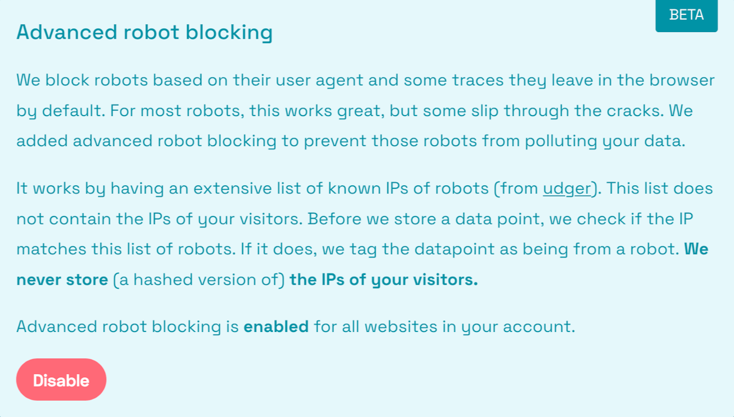 Advanced robot blocking in Simple Analytics account settings