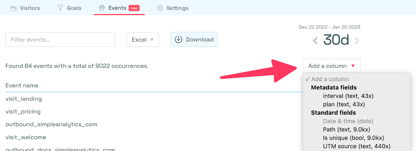 How to add a column with the Events Explorer in Simple Analytics