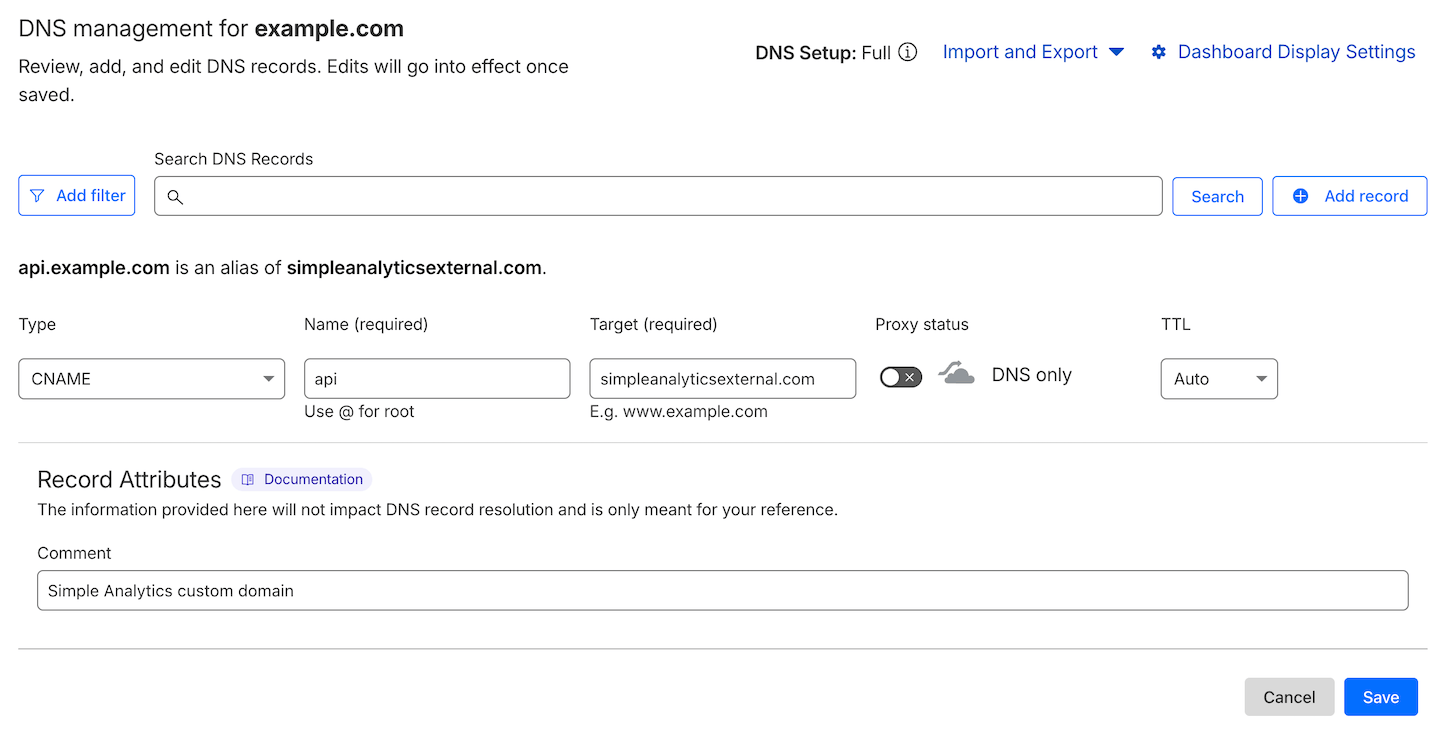 Add Simple Analytics custom domain to CloudFlare DNS