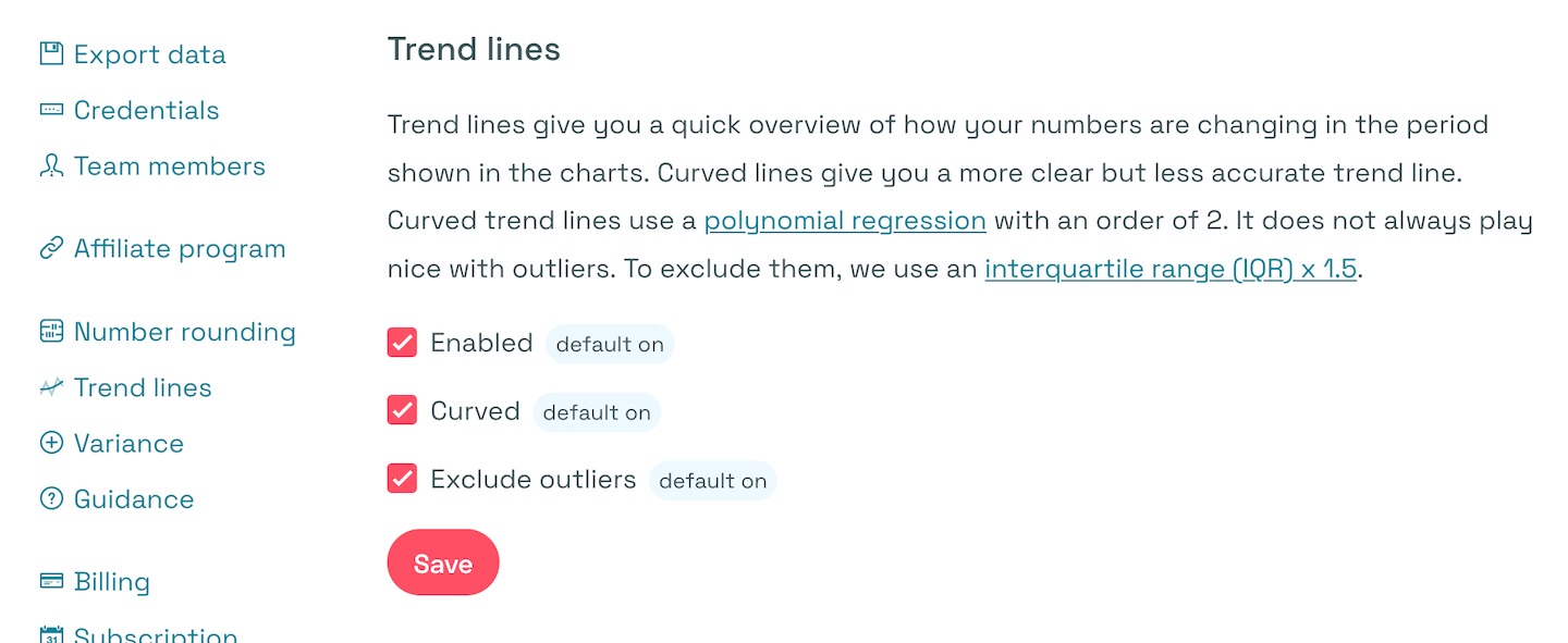 Account settings in Simple Analytics for trend lines